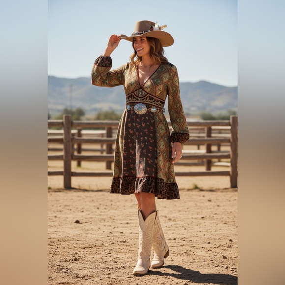 Double D Ranch Dresses & Skirts - Double D Ranch Western Print Dress Beaded Embellished Boho Cowgirl XL Leopard